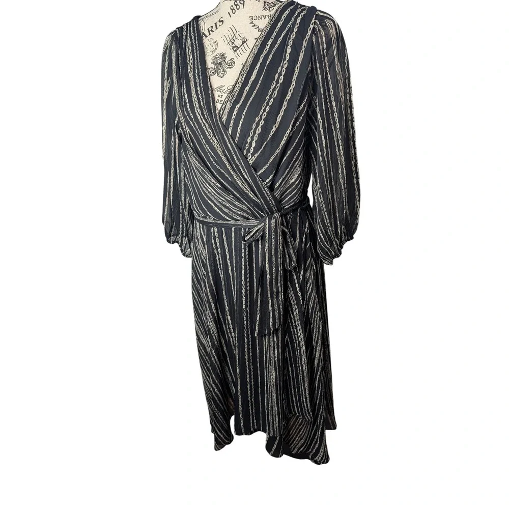 DKNY Womens Faux Wrap‎ Midi Dress Black Gray Chain Link Stripe Size 14 V-Neck